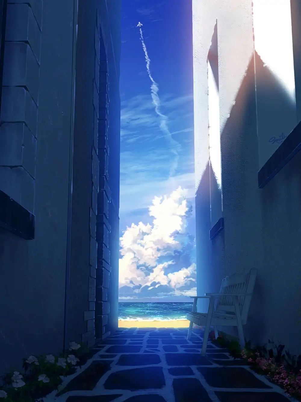 phong cảnh anime biển xanh cát trắng 