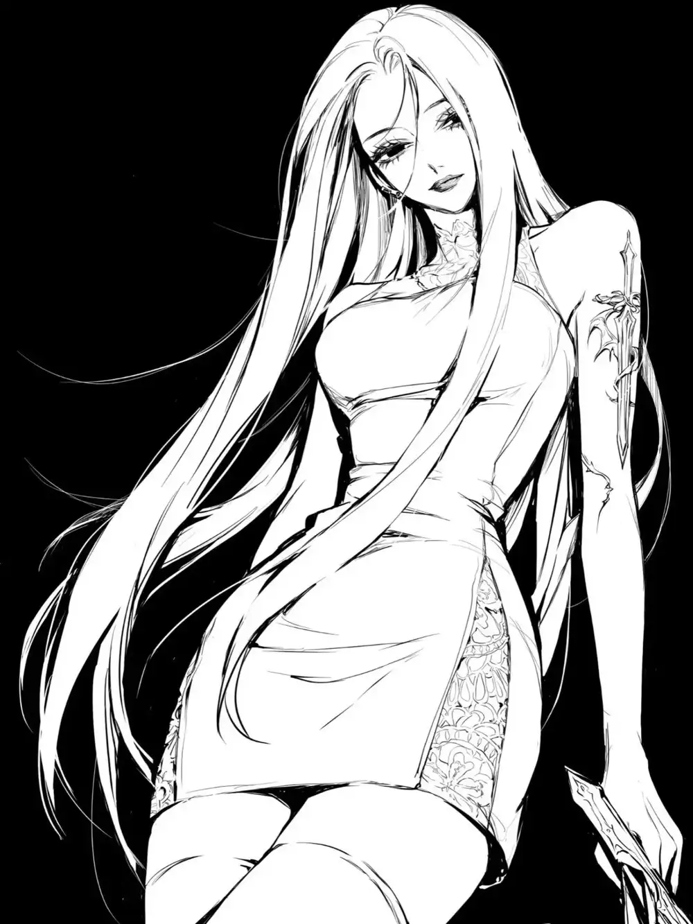 hình anime trắng đen tóc dài