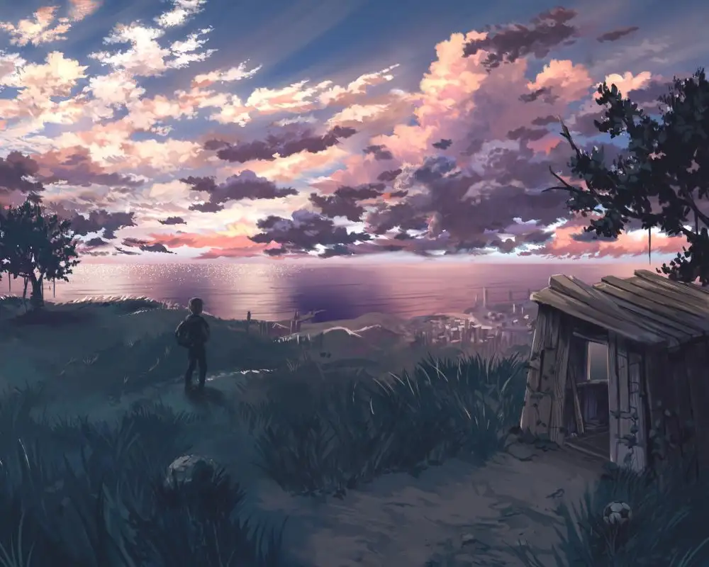bầu trời anime với ánh sáng hoàng hôn dịu dàng 