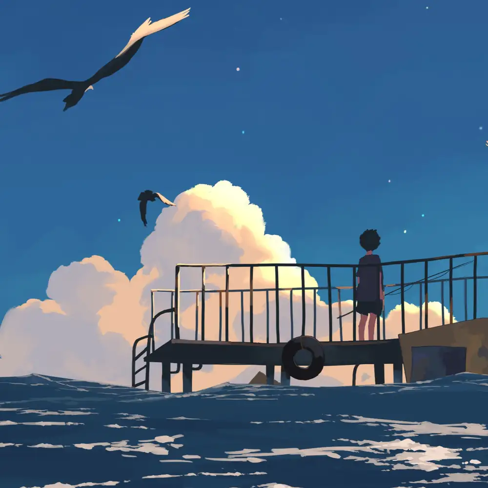 bầu trời anime với cánh chim bay 