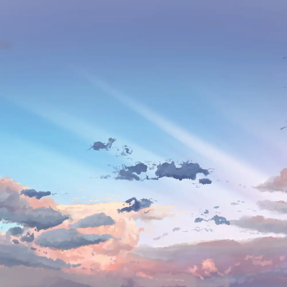 bầu trời anime với đám mây bồng bềnh 