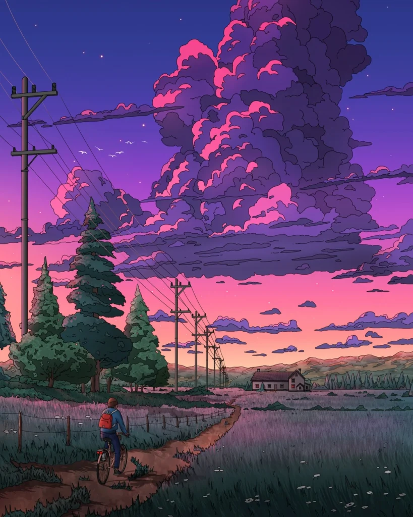 hình ảnh yên bình anime ánh hoàng hôn