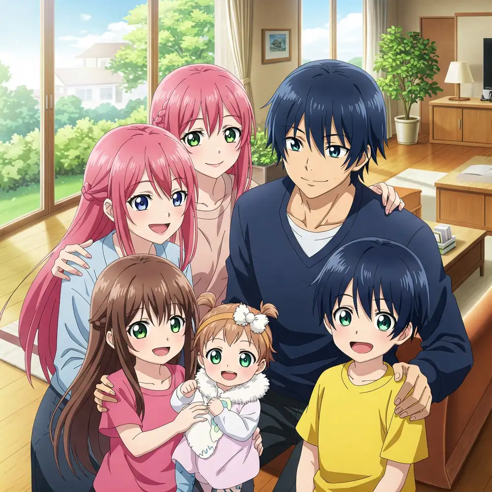 ảnh gia đình 5 người 3 gái anime đáng yêu 