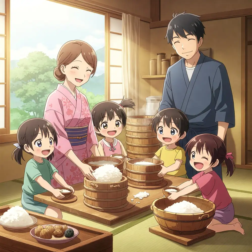 ảnh anime gia đình cùng nhau nấu ăn 