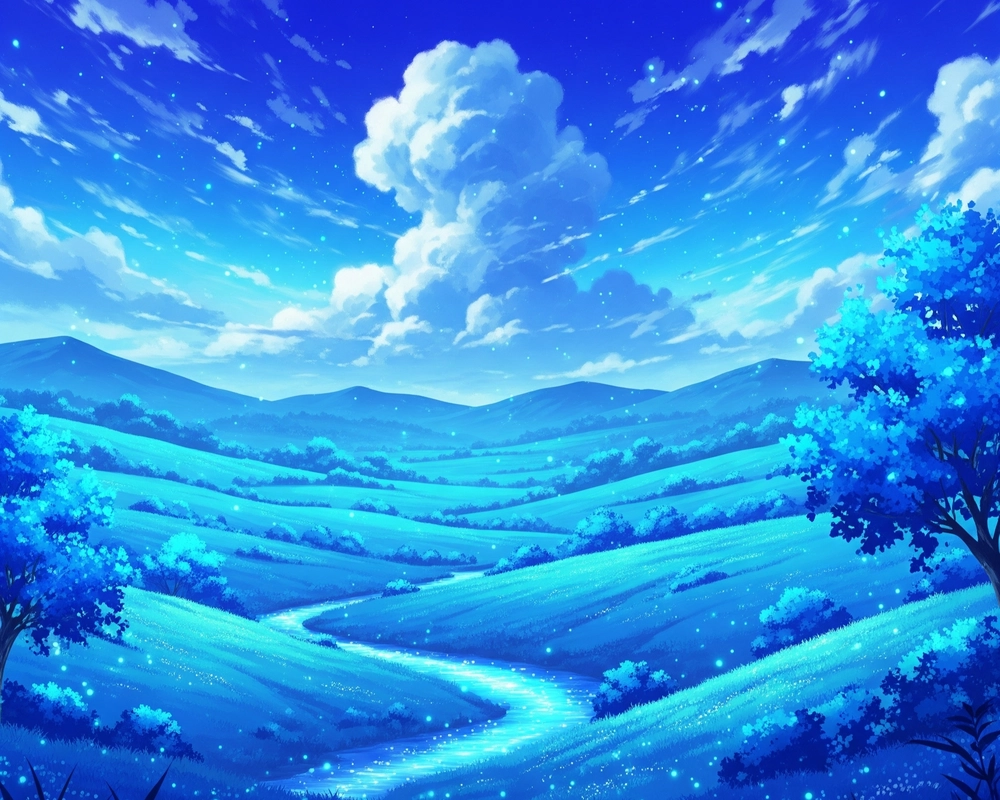 phong cảnh anime màu xanh dương 