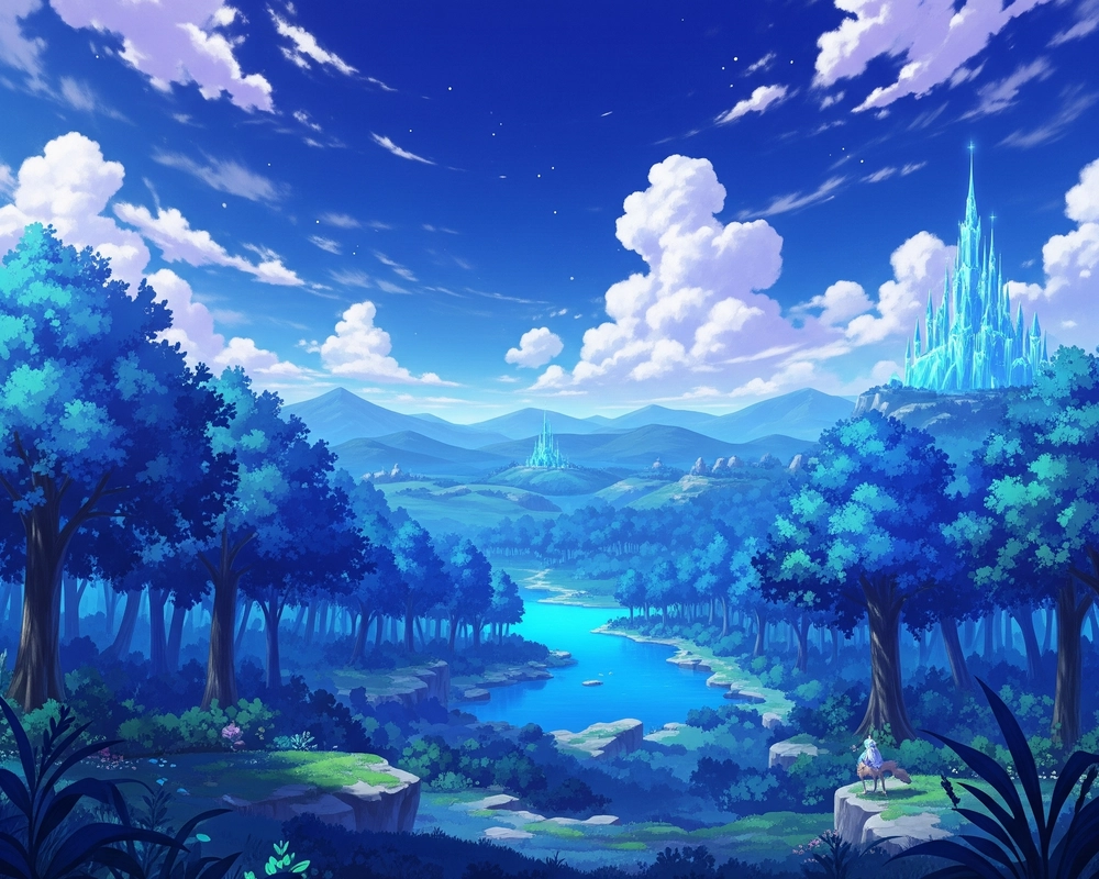 phong cảnh màu xanh dương trong anime 