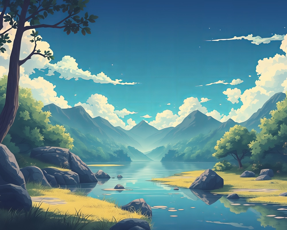 hình anime phong cảnh thanh bình màu xanh lam 