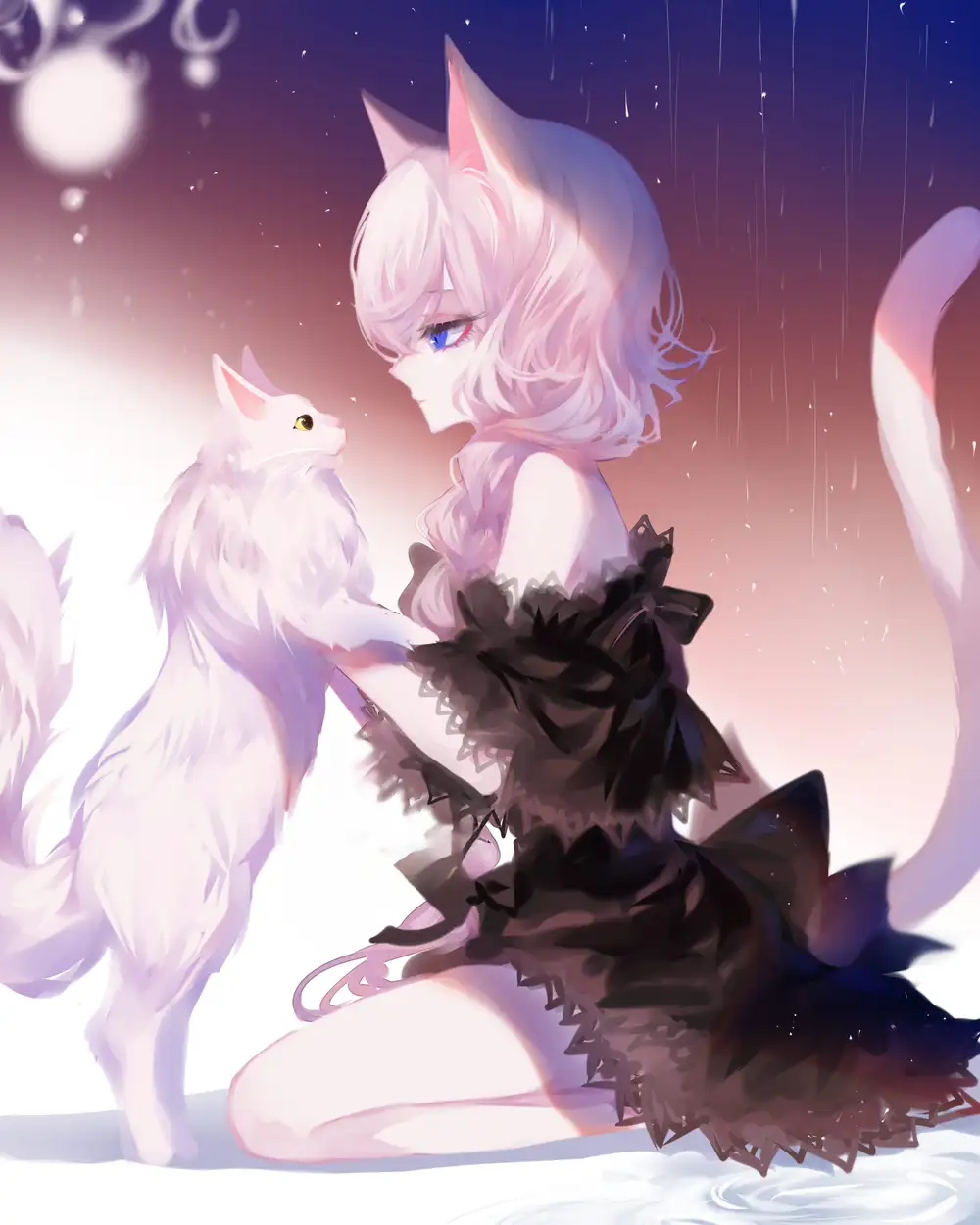 hình ảnh mèo anime trắng với lông mượt mà 