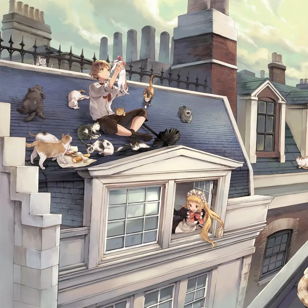 hình ảnh mèo anime trên mái