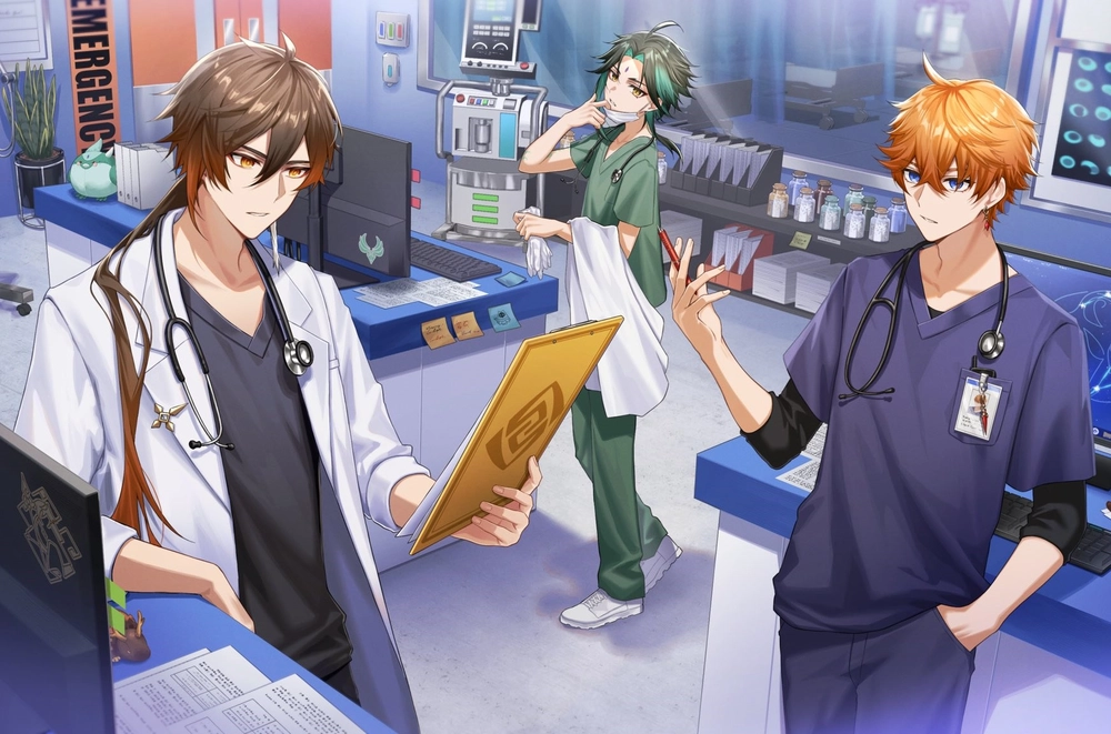 ảnh anime bác sĩ nam đứng trong phòng khám 