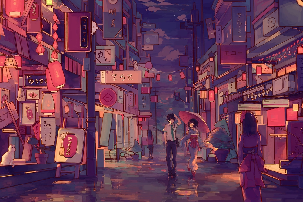 hình ảnh chill đường phố về đêm anime ánh sáng lung linh