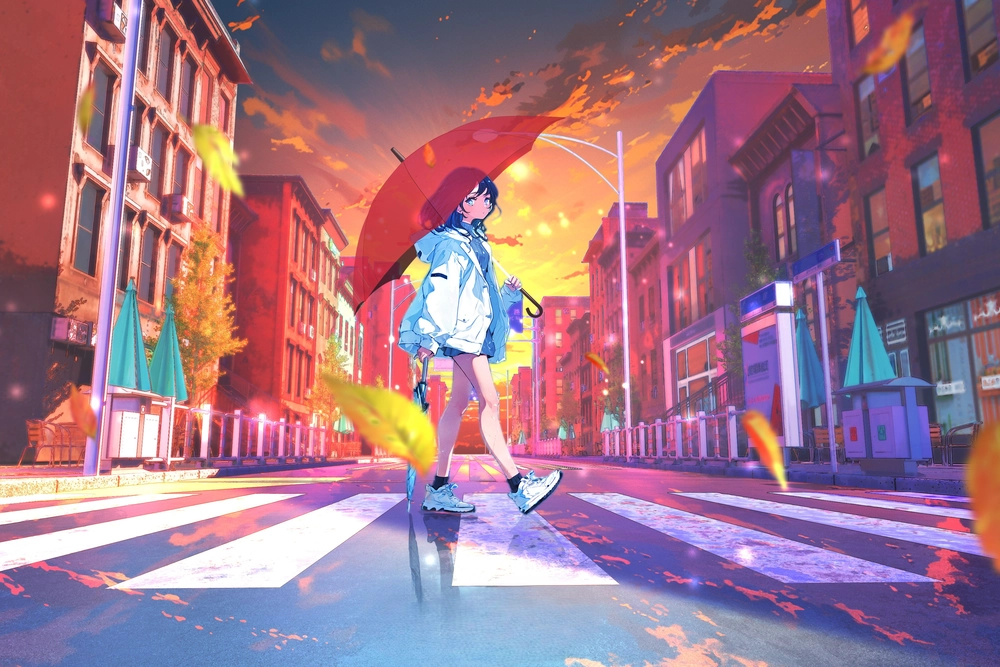 cảnh đường phố anime đượm buồn ánh đèn