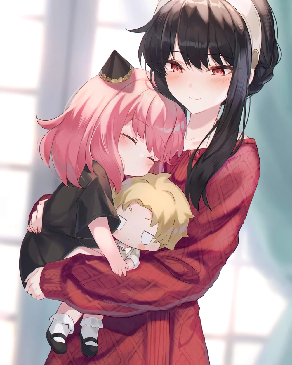 ảnh bé gái anime đang chơi với thú bông 