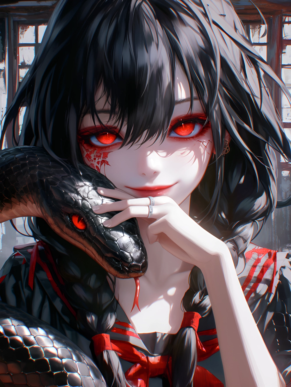 ảnh anime rắn với đôi mắt đỏ huyền bí 4K