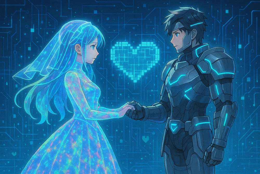 ảnh chú rể anime đang nắm tay cô dâu