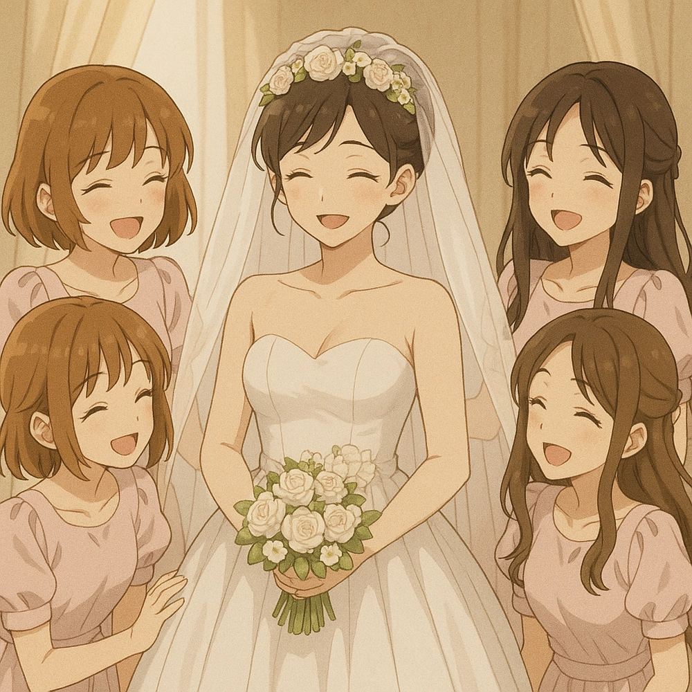 ảnh phù dâu anime chụp nhóm cùng cô dâu