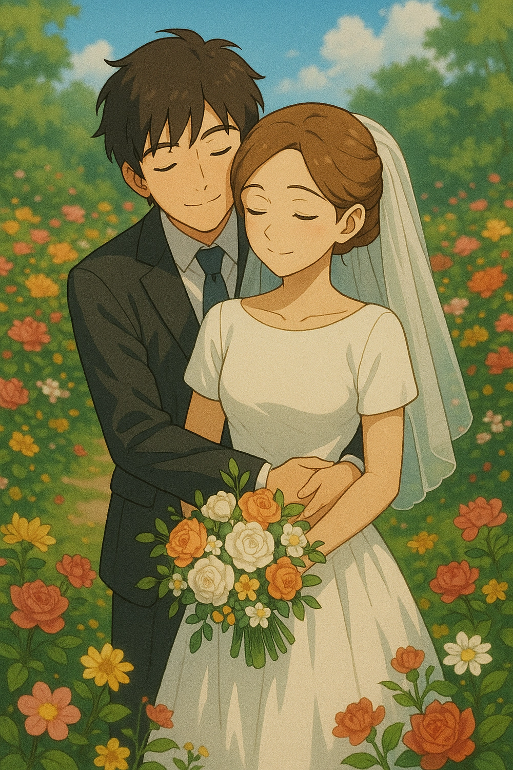 hình ảnh cô dâu chú rể hoạt hình trong vườn hoa