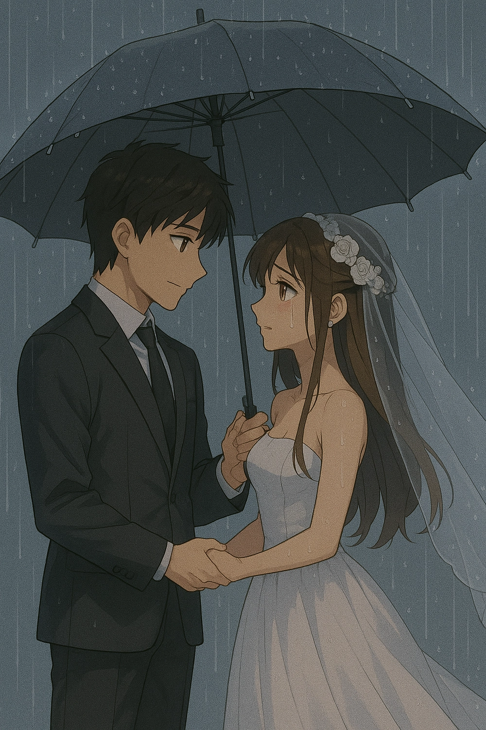 hình ảnh cô dâu chú rể hoạt hình dưới mưa lãng mạn