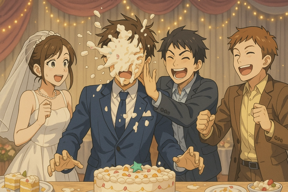 ảnh cô dâu chú rể anime cùng bạn bè trong đám cưới