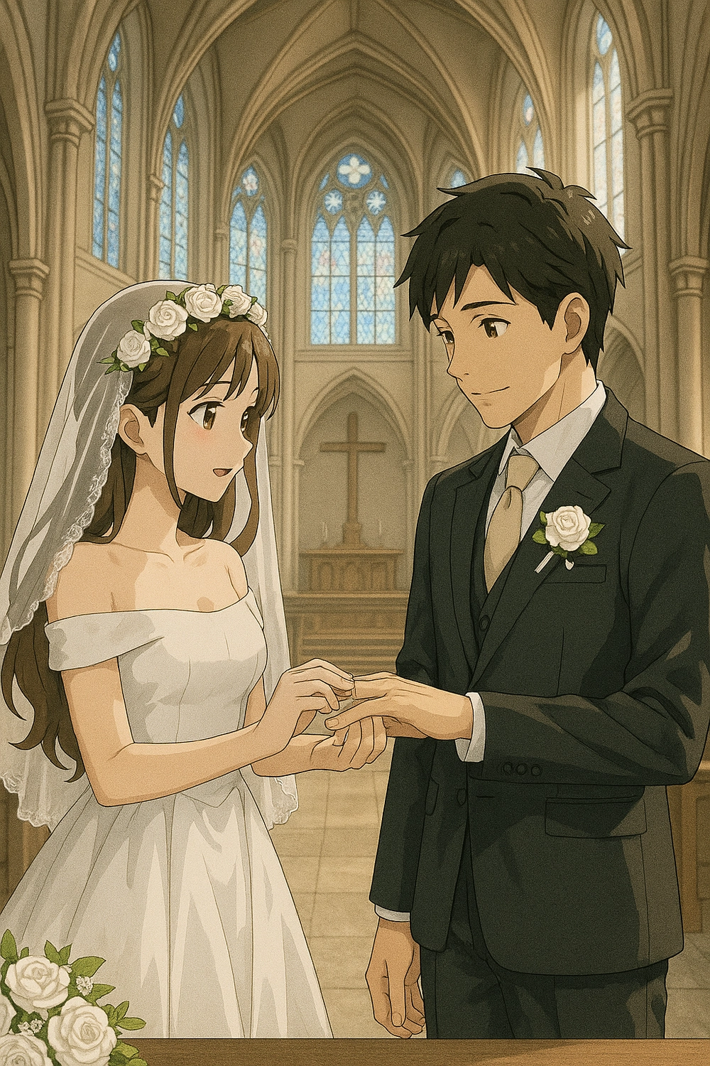 ảnh anime cô dâu chú rể hạnh phúc trong tiệc cưới