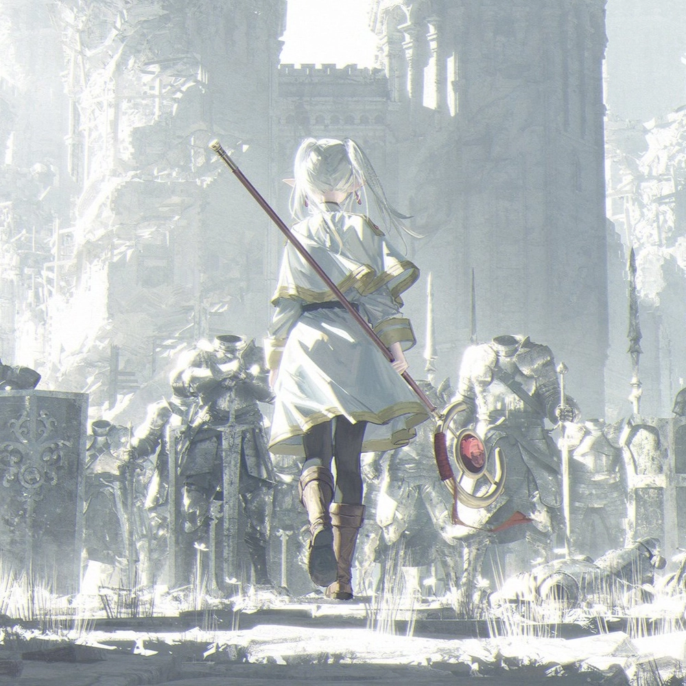 ảnh frieren lặng lẽ bên di tích nhóm anh hùng