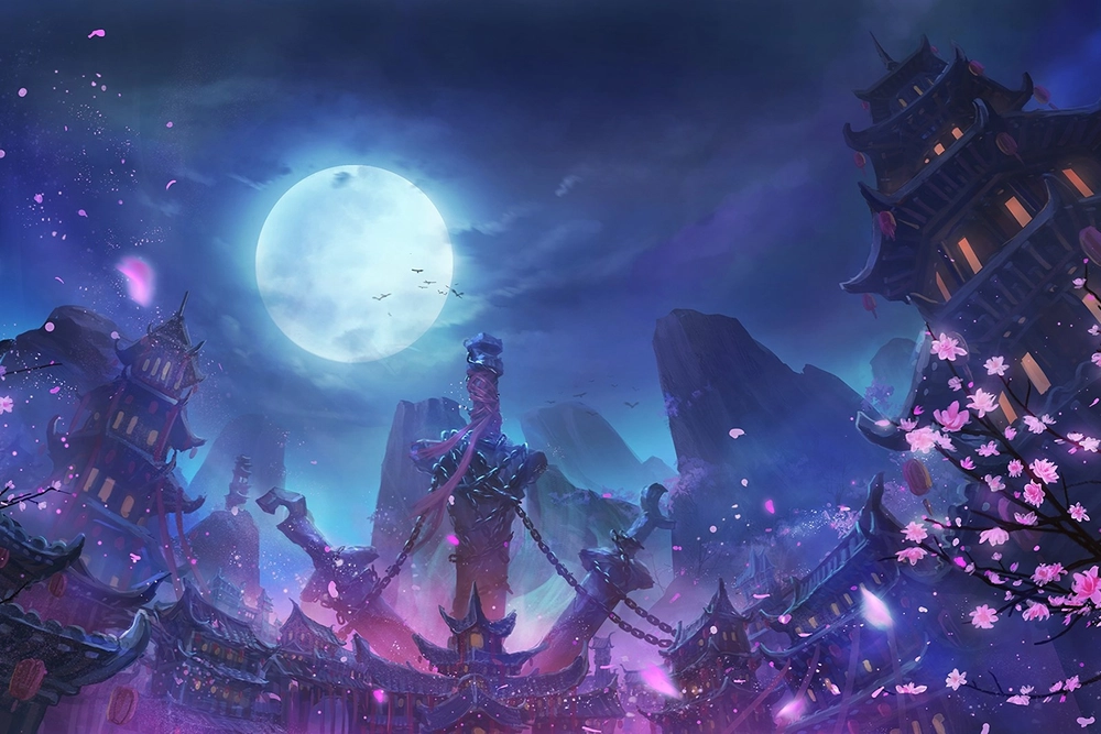 ảnh anime mặt trăng nền trời tím mộng mơ 