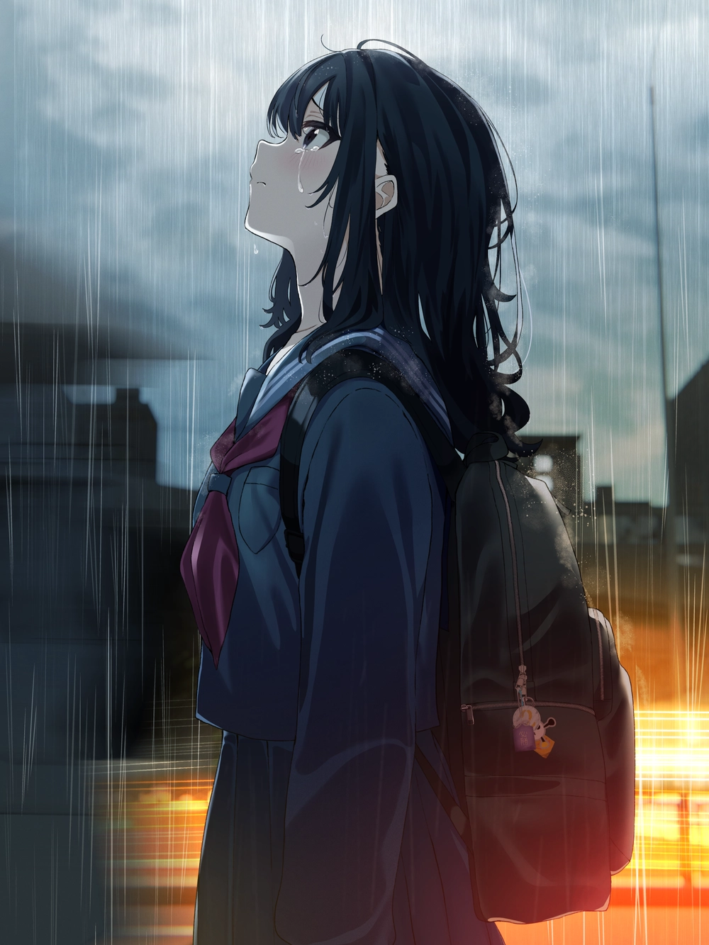 ảnh anime khóc dưới mưa sầu thảm