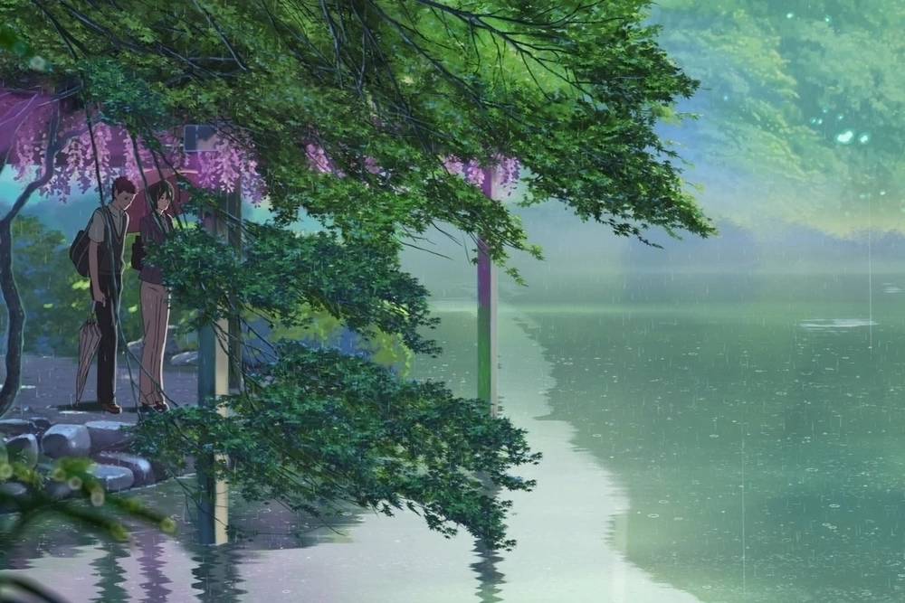 ảnh anime buồn dưới mưa cùng lá rơi