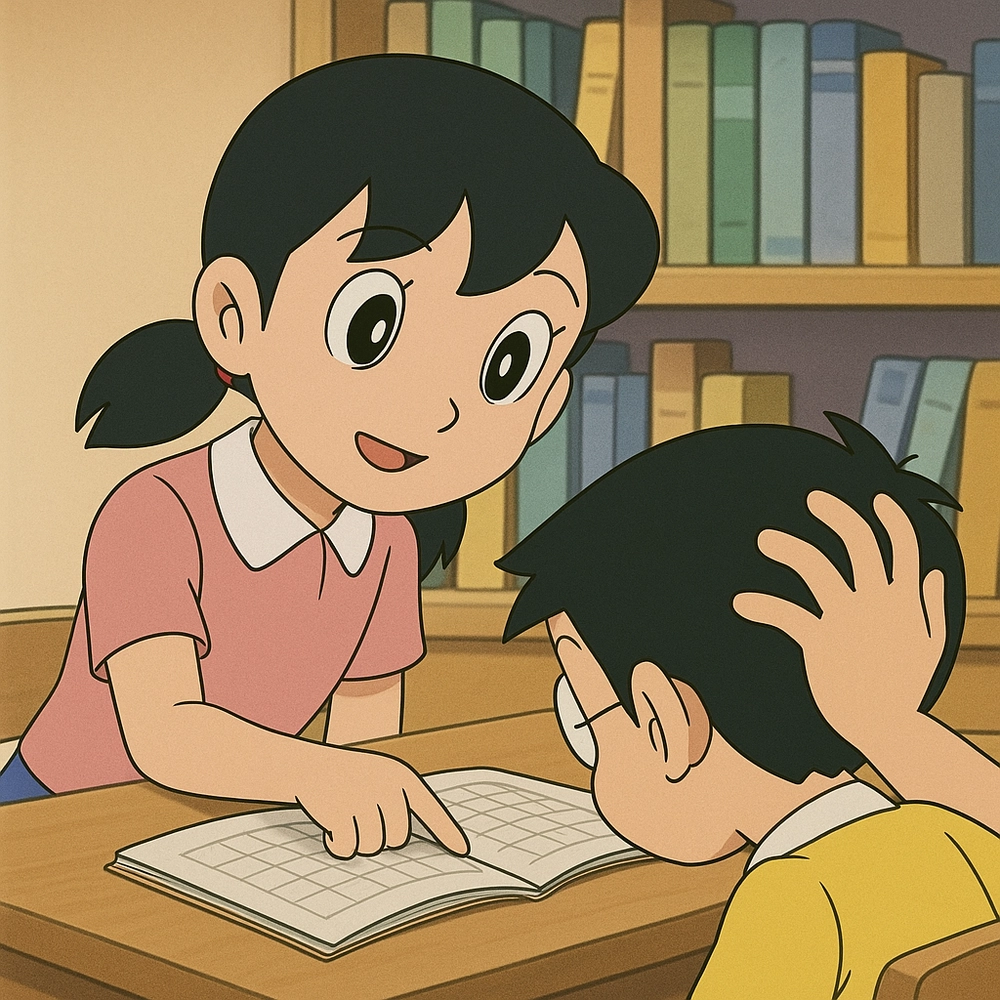 hình ảnh nobita và shizuka đang học
