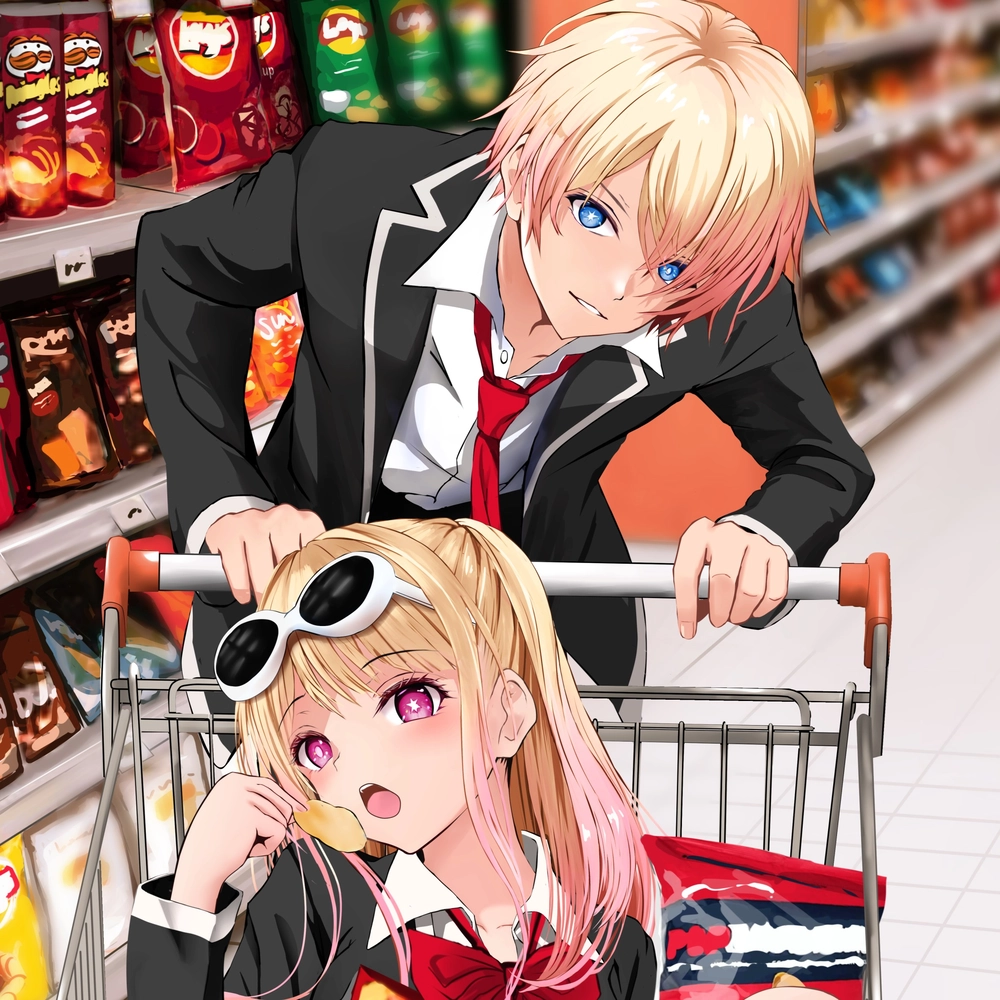 ảnh anime hoshino aqua và ruby đi siêu thị