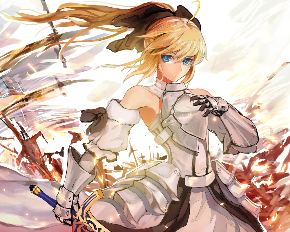 fate saber trong khung cảnh chiến trường anime