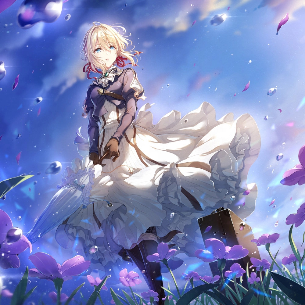 hình ảnh violet evergarden trong đồng hoa tím