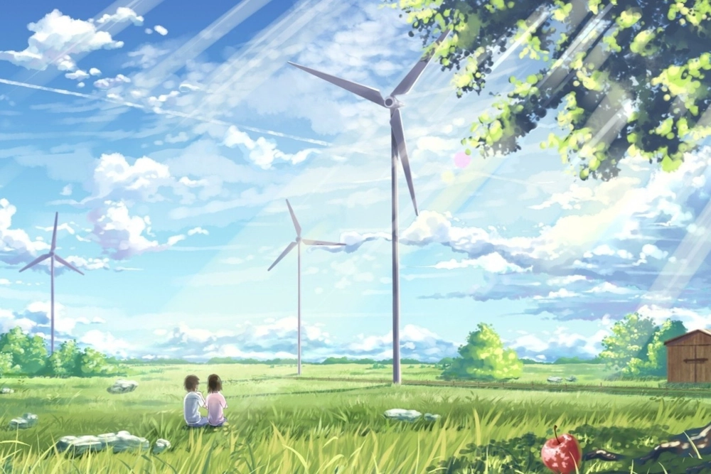 phong cảnh mùa hè anime với cây cối xanh tươi