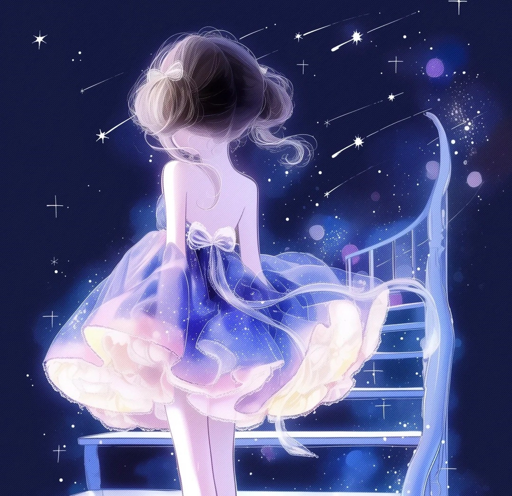 hình ảnh cô gái quay lưng đẹp anime nền tím mộng mơ