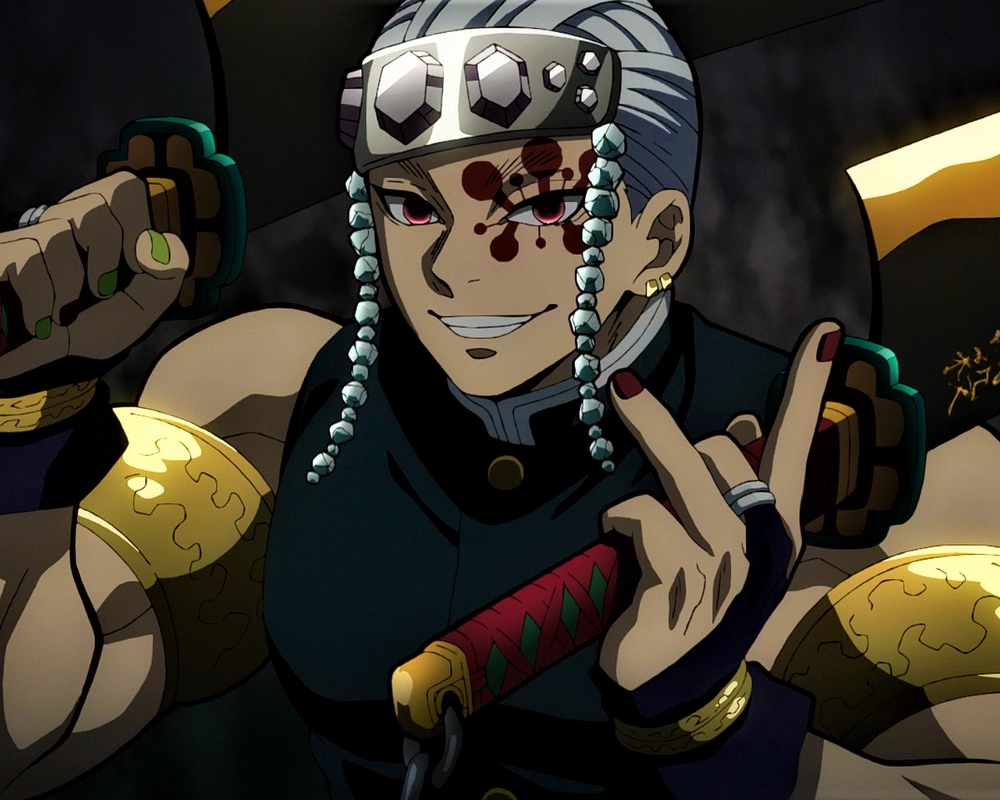 ảnh uzui tengen với thanh kiếm đôi 