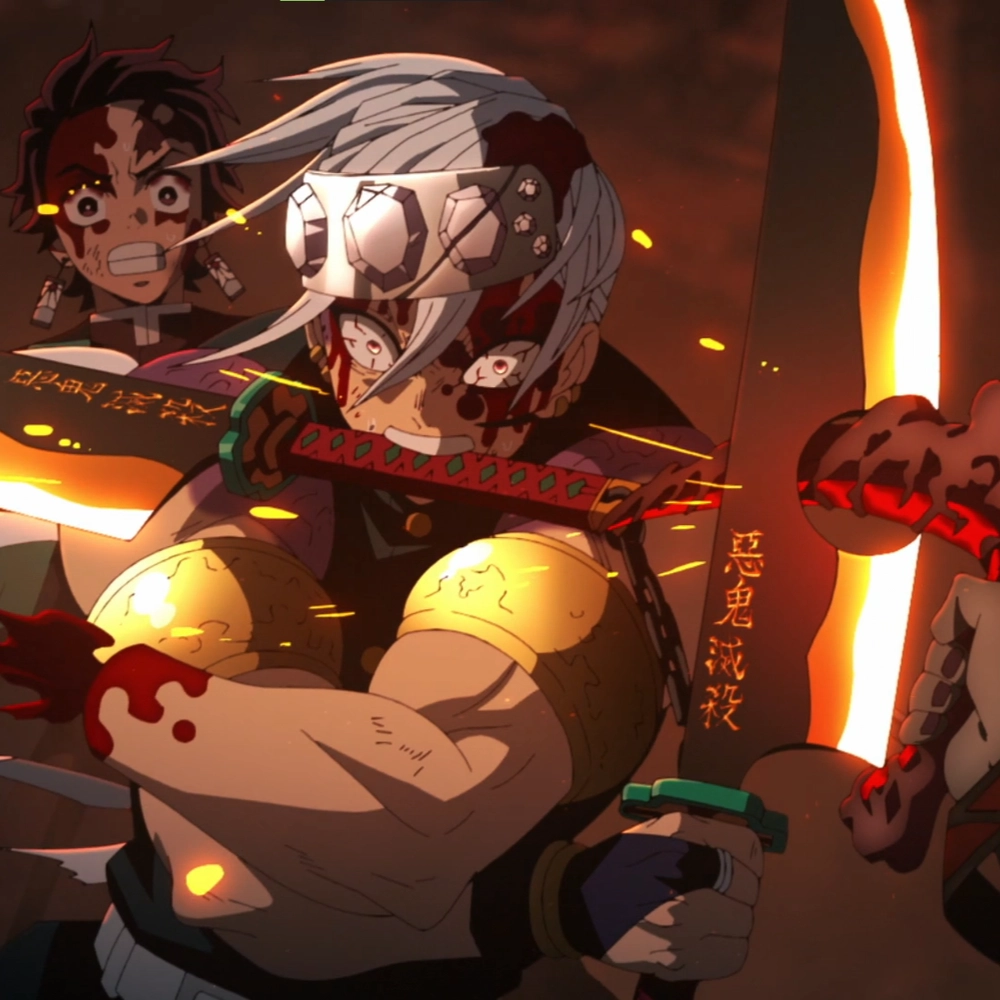 ảnh tengen uzui đứng giữa khung cảnh cháy nổ 