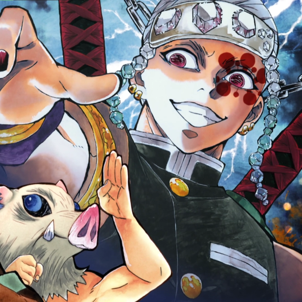 ảnh uzui tengen và inosuke trong trận đánh 