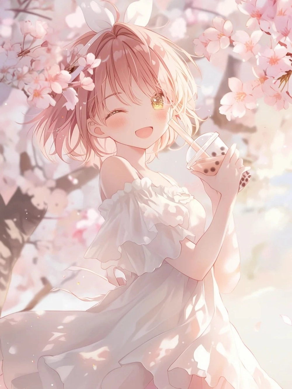 anime nữ uống trà sữa cute