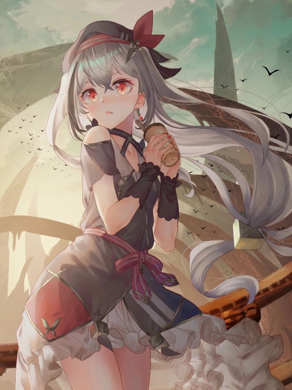 hình anime uống trà sữa cute