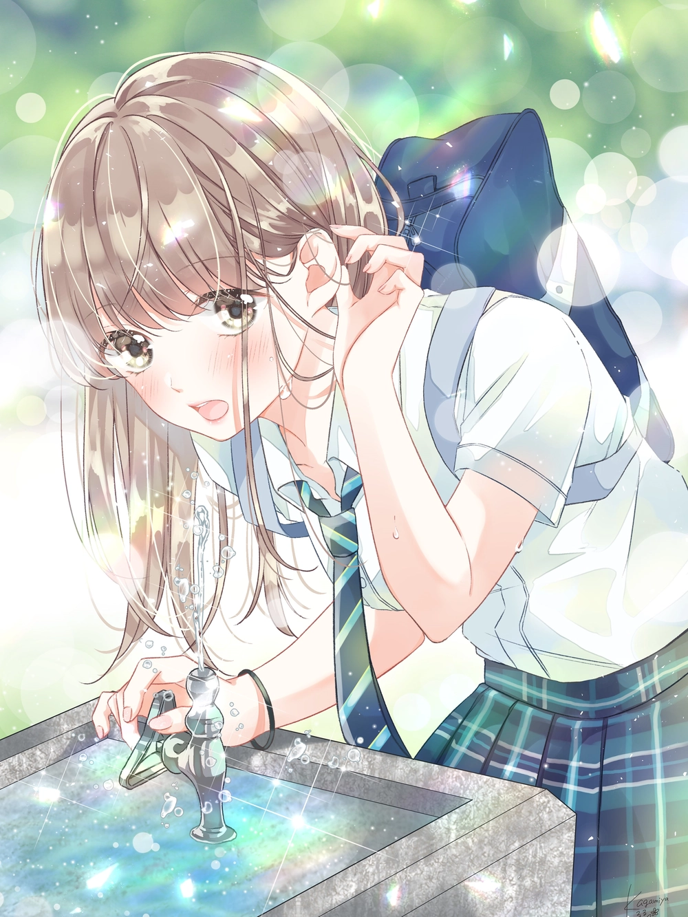 anime uống nước trong khung cảnh mùa hè 