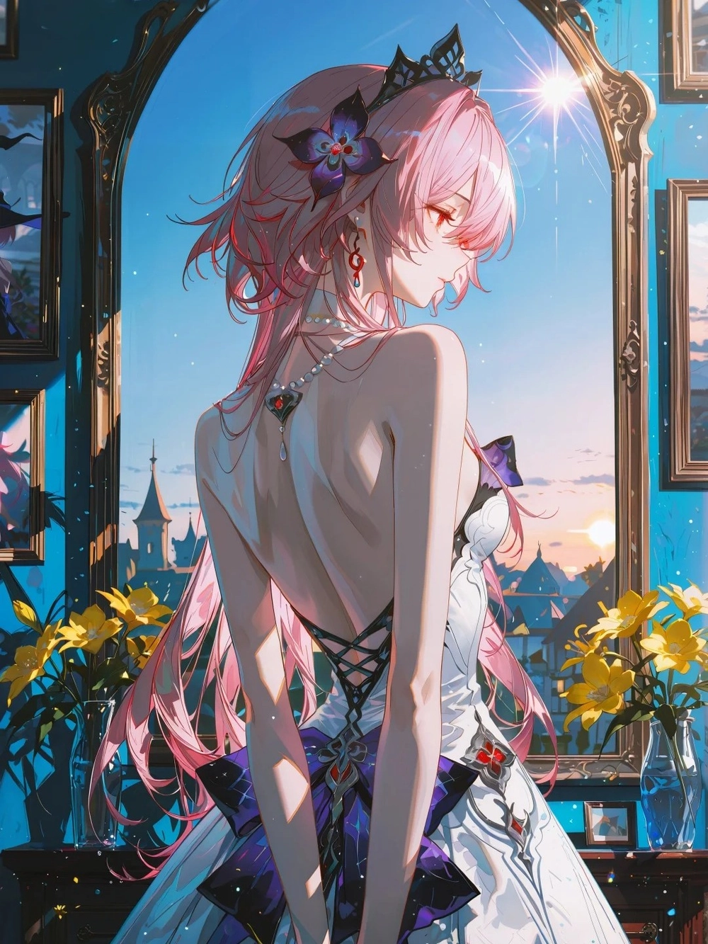 quay lưng ảnh cô gái cầm hoa anime