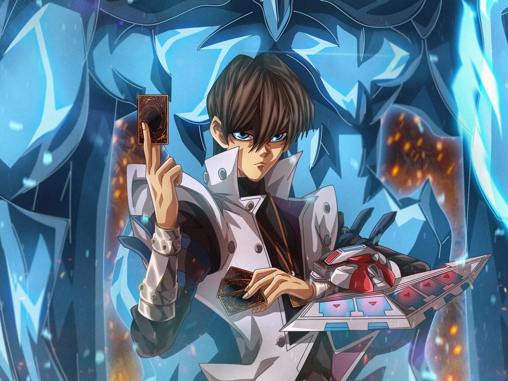 kaiba seto cầm bài yugioh tạo dáng chiến đấu