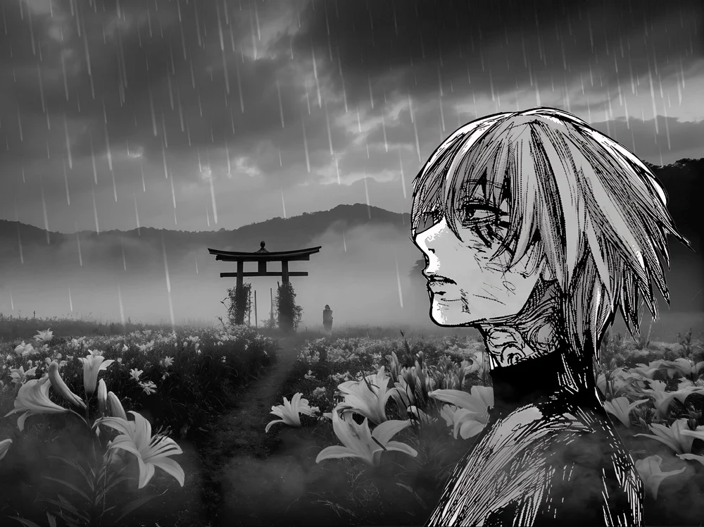 anime trắng đen, nam buồn