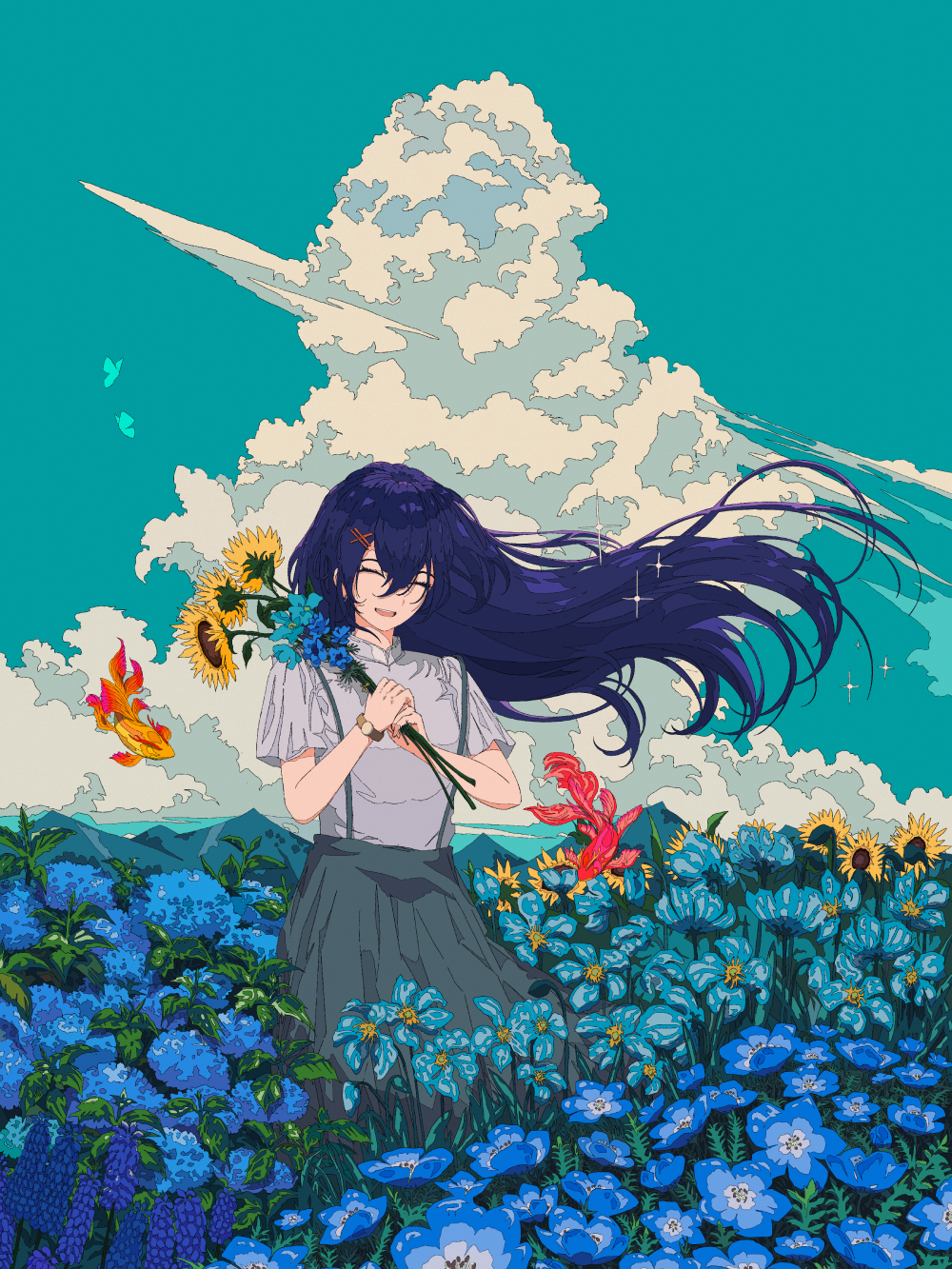 ảnh hoa hướng dương anime nền trời xanh