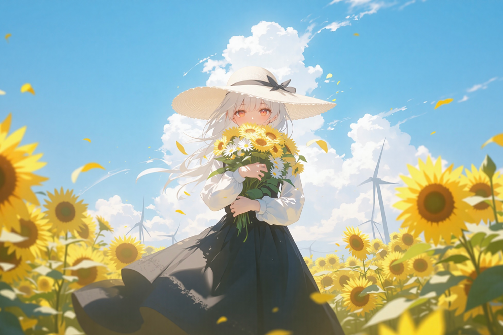 anime hoa hướng dương bầu trời trong xanh