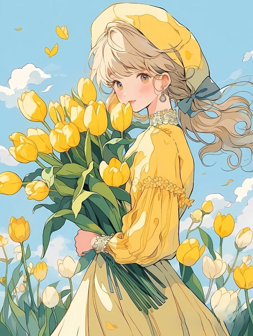 hoa tulip anime nền trời xanh