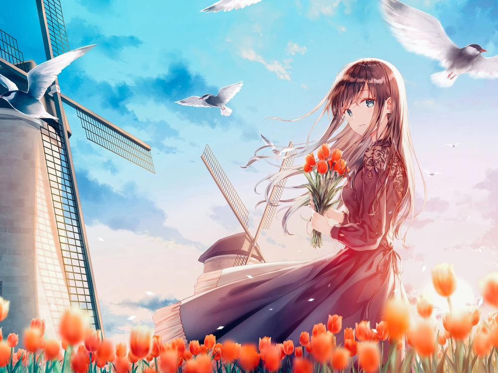 vườn hoa tulip anime nhìn gần