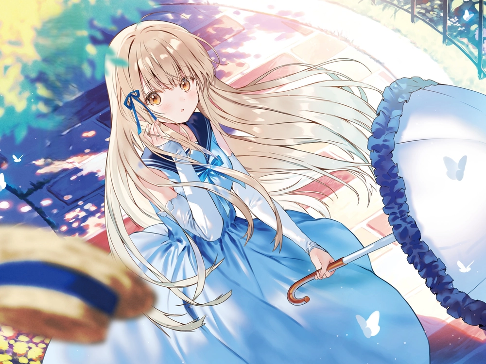 Hình Mahiru Shiina ngồi bên ghế đá