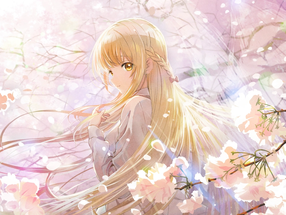 Hình Mahiru Shiina dưới cây hoa anh đào