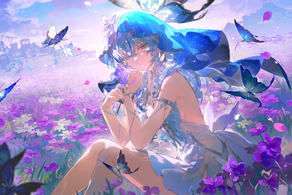 cánh đồng hoa anime hoàng hôn